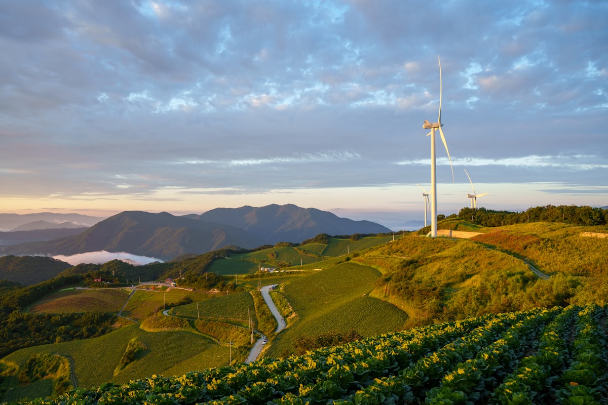 Wind turbines generating power in open countryside